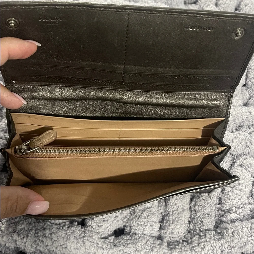 Prada Metallic Gun Metal Gray Leather Wallet